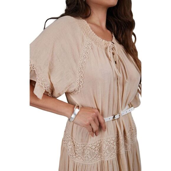 Saachi Women's Beige Tiered Lace Trim Long Kaftan Dress One Size NWOT - Picture 3 of 10